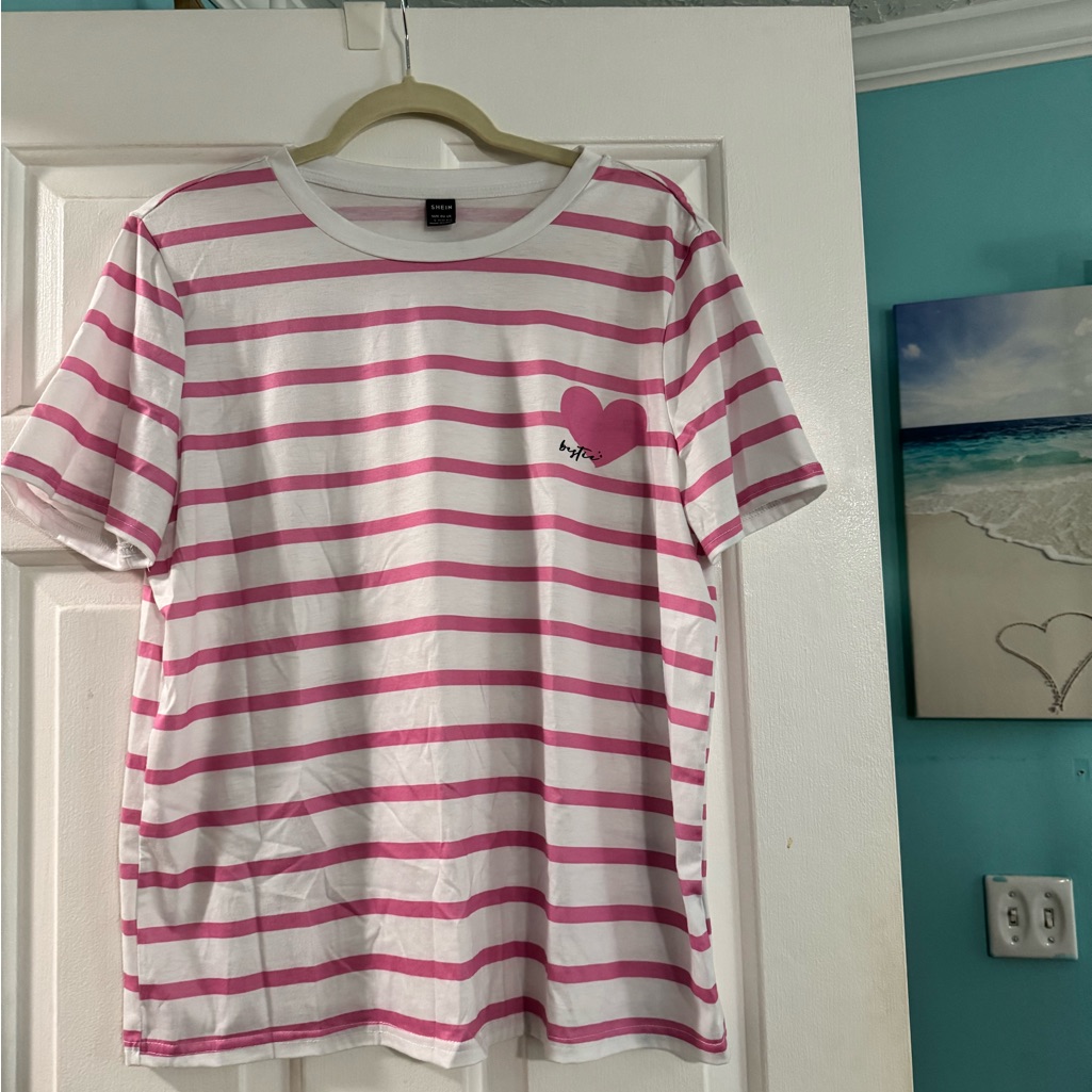 Shein Pink And White Striped Tee With Heart Detail